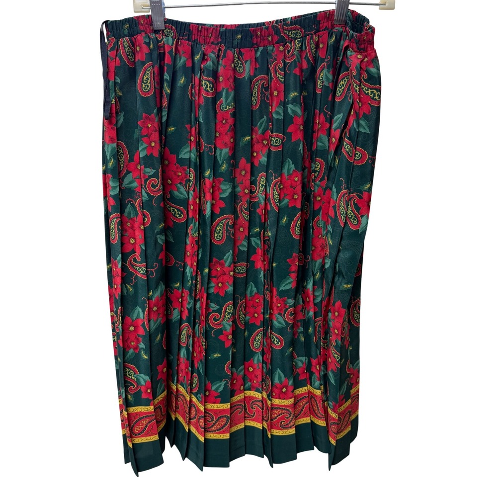 Leslie Fay Vintage Poinsettia Paisley Pleated Midi Skirt‎ Green Red 20WP Petite